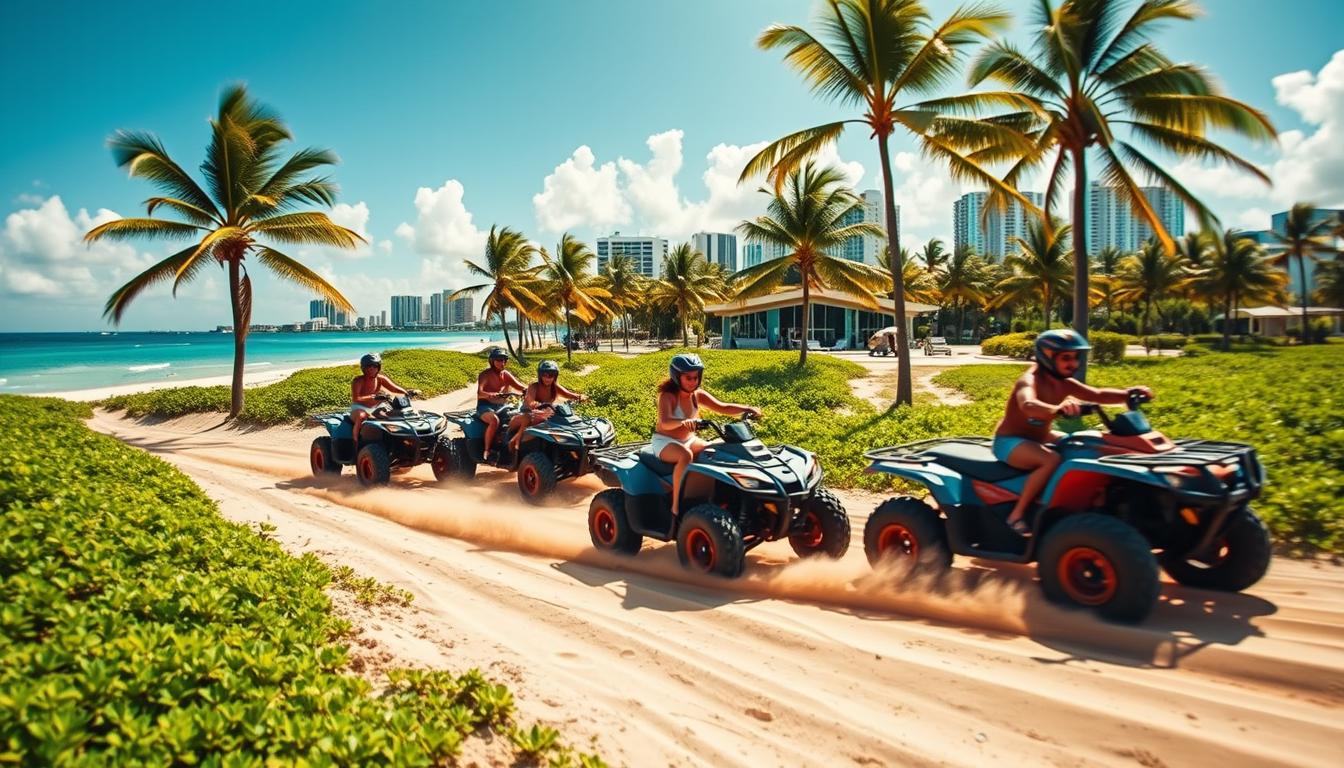Group riding ATVs on a sunny trail